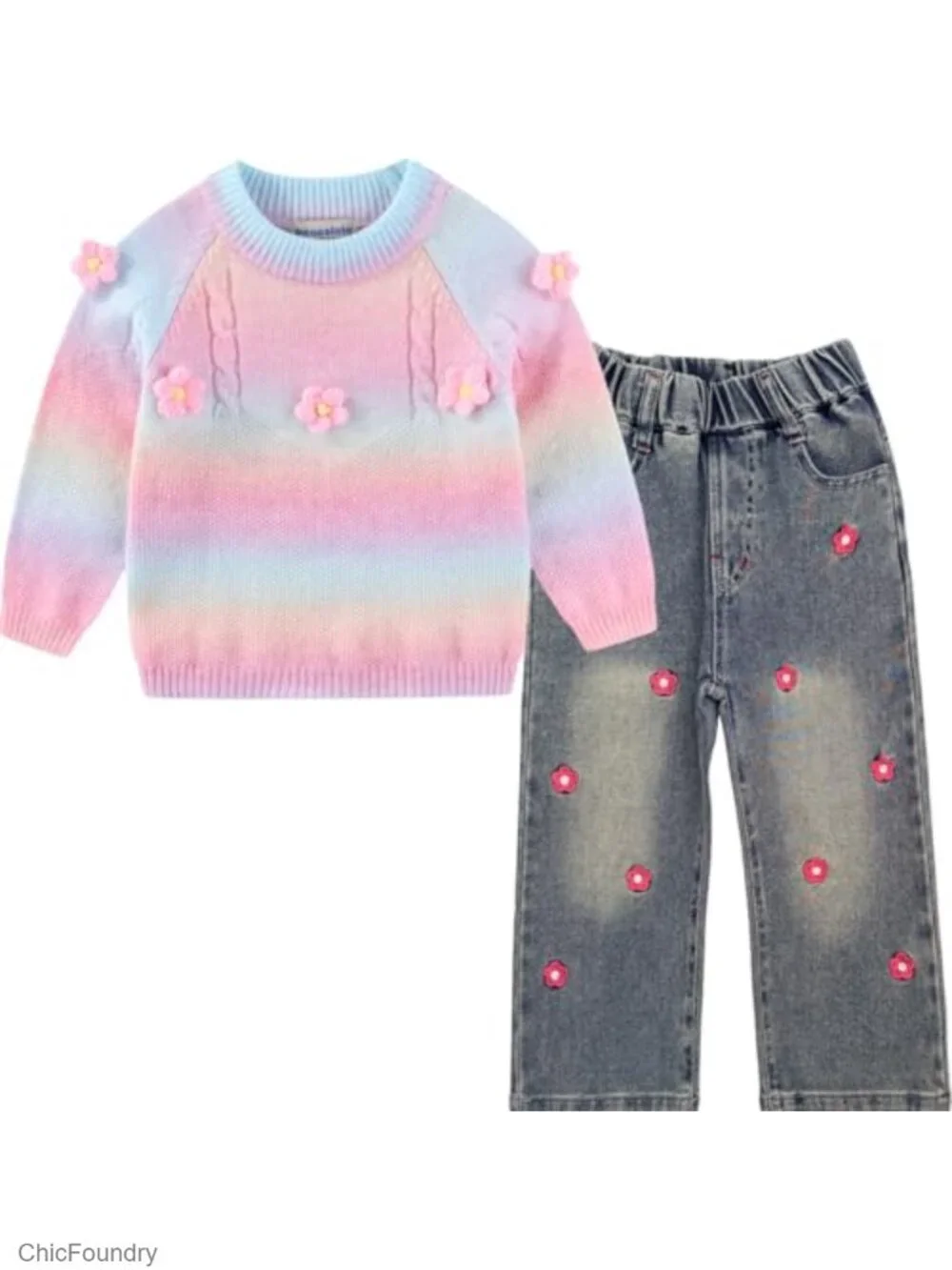 2pc Girls Knit Sweater & Embroidered Jeans Set Long Sleeve
